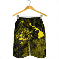 Hawaiian Hibiscus Sea Turtle Swim Polynesian Men's Shorts - Yellow - AH - Polynesian Pride