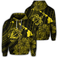 Hawaiian Hibiscus Sea Turtle Swim Polynesian Zip Hoodie Yellow Unisex Art - Polynesian Pride
