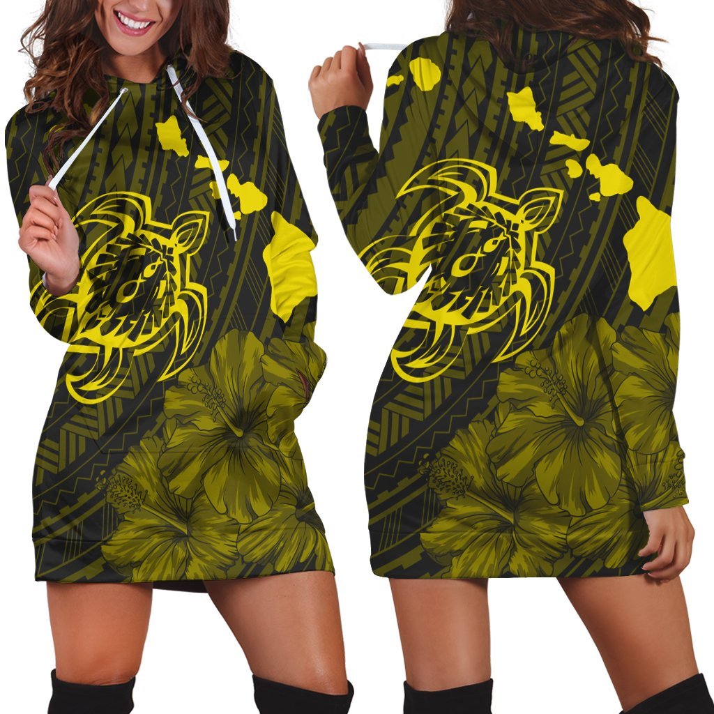 Hawaiian Hibiscus Sea Turtle Swim Polynesian Hoodie Dress - Yellow - AH Black - Polynesian Pride