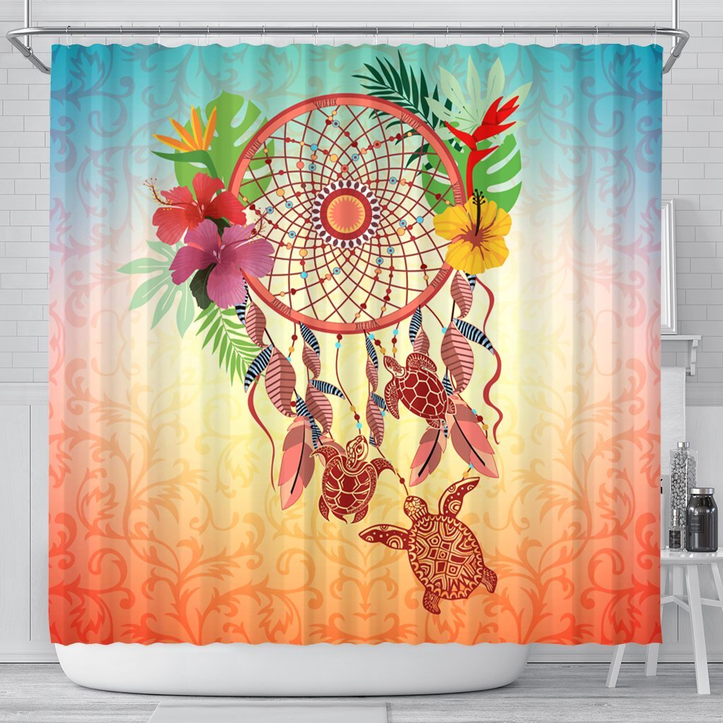 Hawaiian Hibiscus Strelitzia Flower Dreamcatcher Shower Curtain - AH 177 x 172 (cm) Black - Polynesian Pride