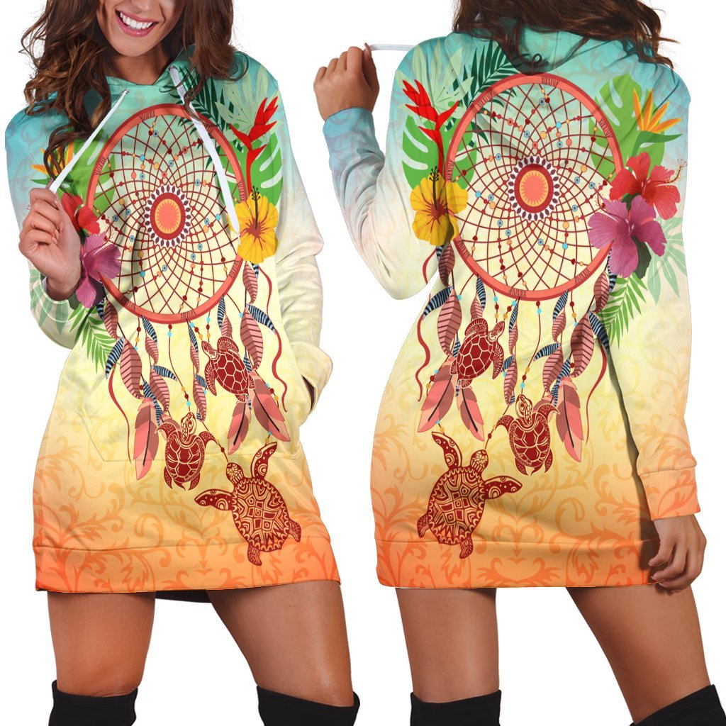 Hawaiian Hibiscus Strelitzia Flower Dreamcatcher Hoodie Dress - AH Black - Polynesian Pride