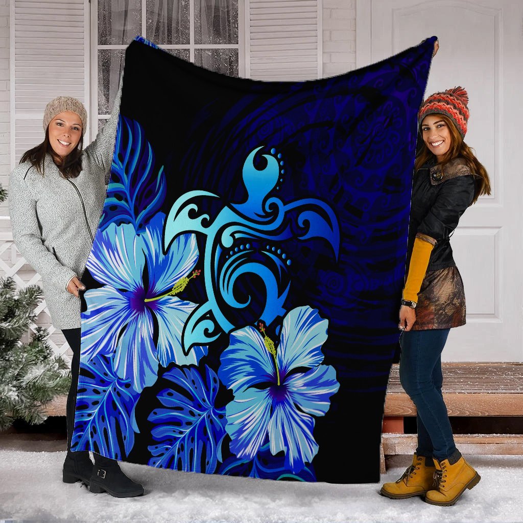 Hawaiian Hibiscus Tropical Deep Ocean Turtle Sea Premium Blankets - AH - Polynesian Pride