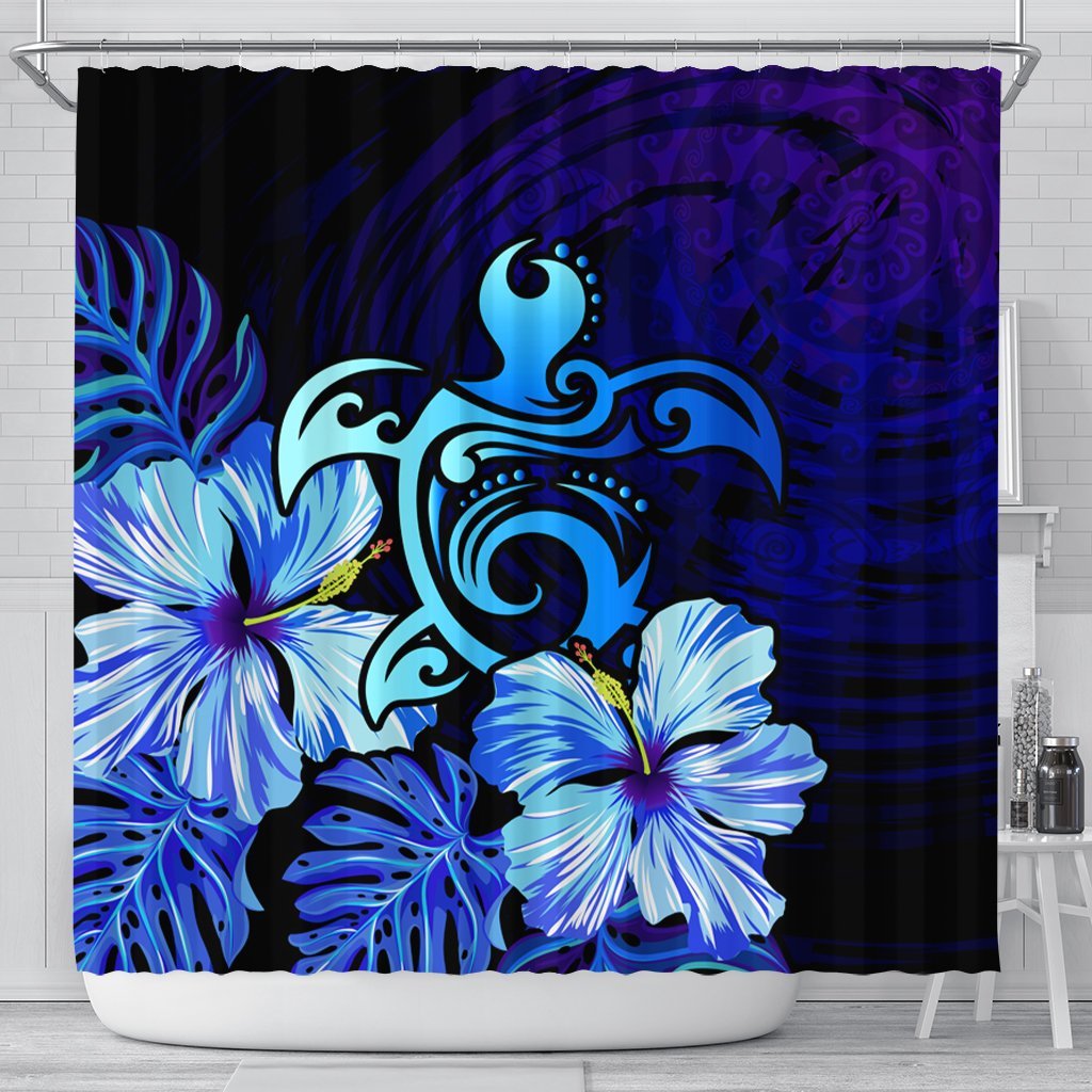 Hawaiian Hibiscus Tropical Deep Ocean Turtle Sea Shower Curtain - AH 177 x 172 (cm) Black - Polynesian Pride