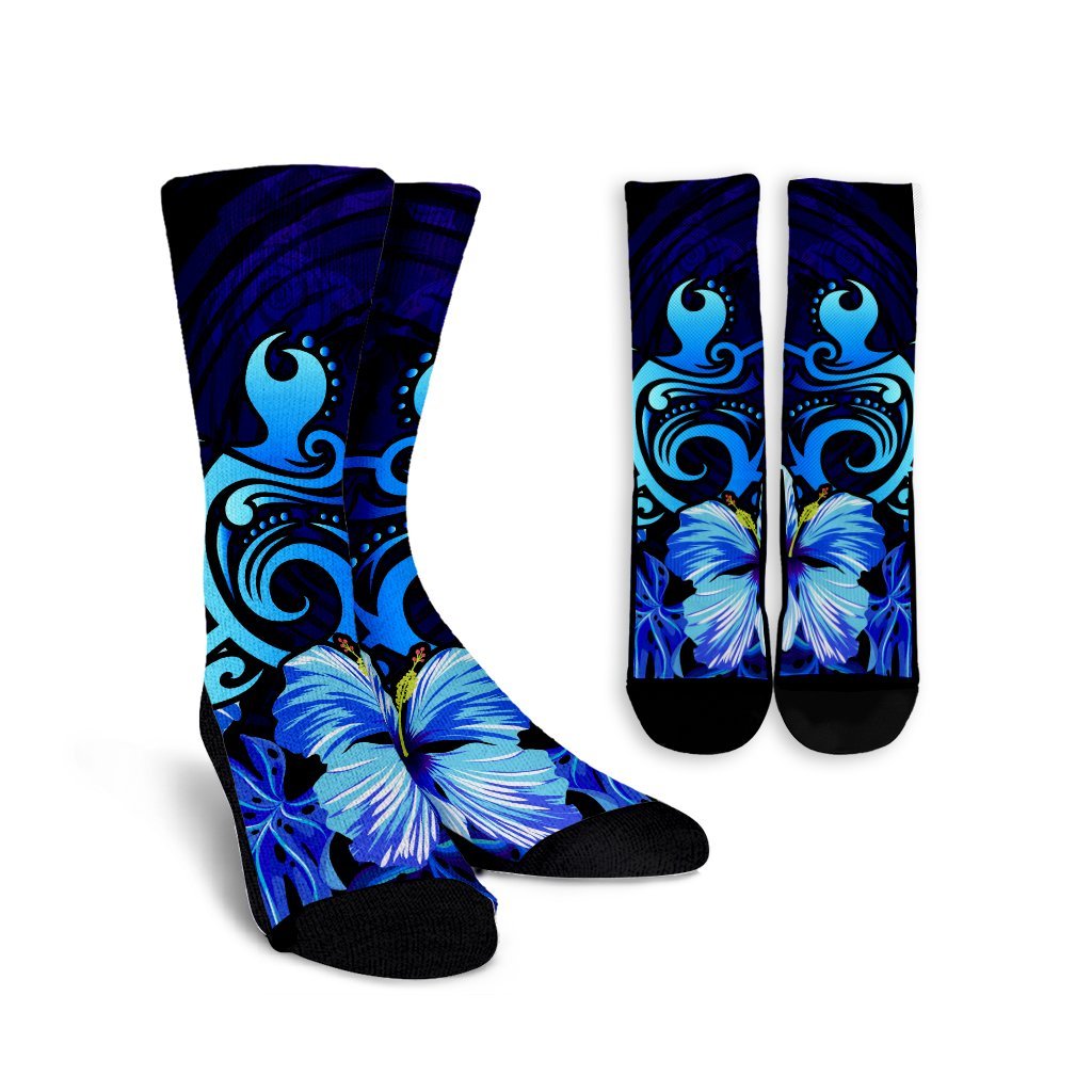 Hawaiian Hibiscus Tropical Deep Ocean Turtle Sea Crew Socks - AH Crew Socks White - Polynesian Pride