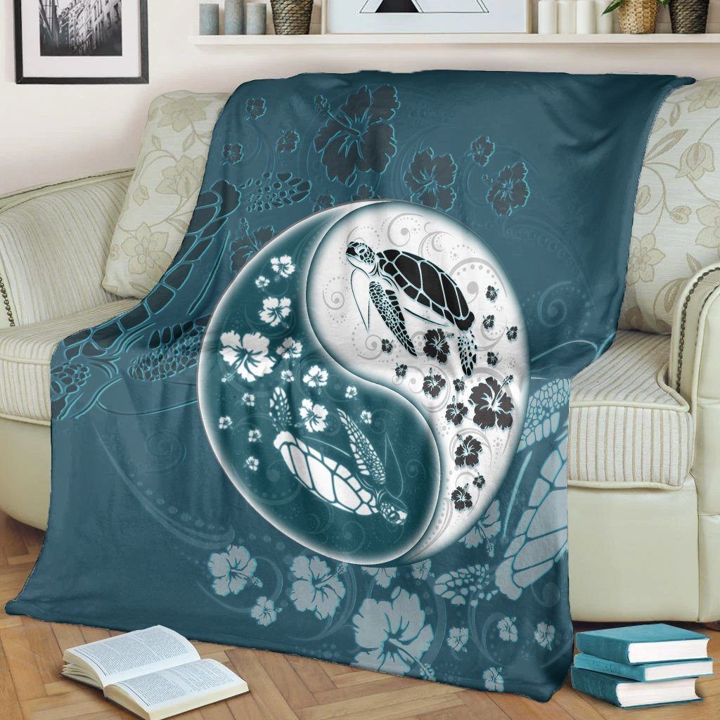 Hawaiian Hibiscus Turtle Polynesian Premium Blankets YinYang Style - AH - Polynesian Pride