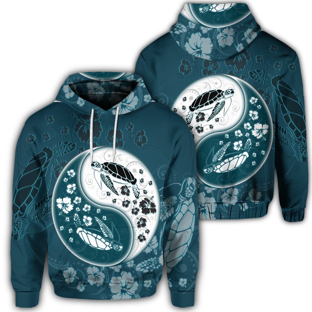 Hawaiian Hibiscus Turtle Polynesian Hoodie YinYang Style Unisex Art - Polynesian Pride