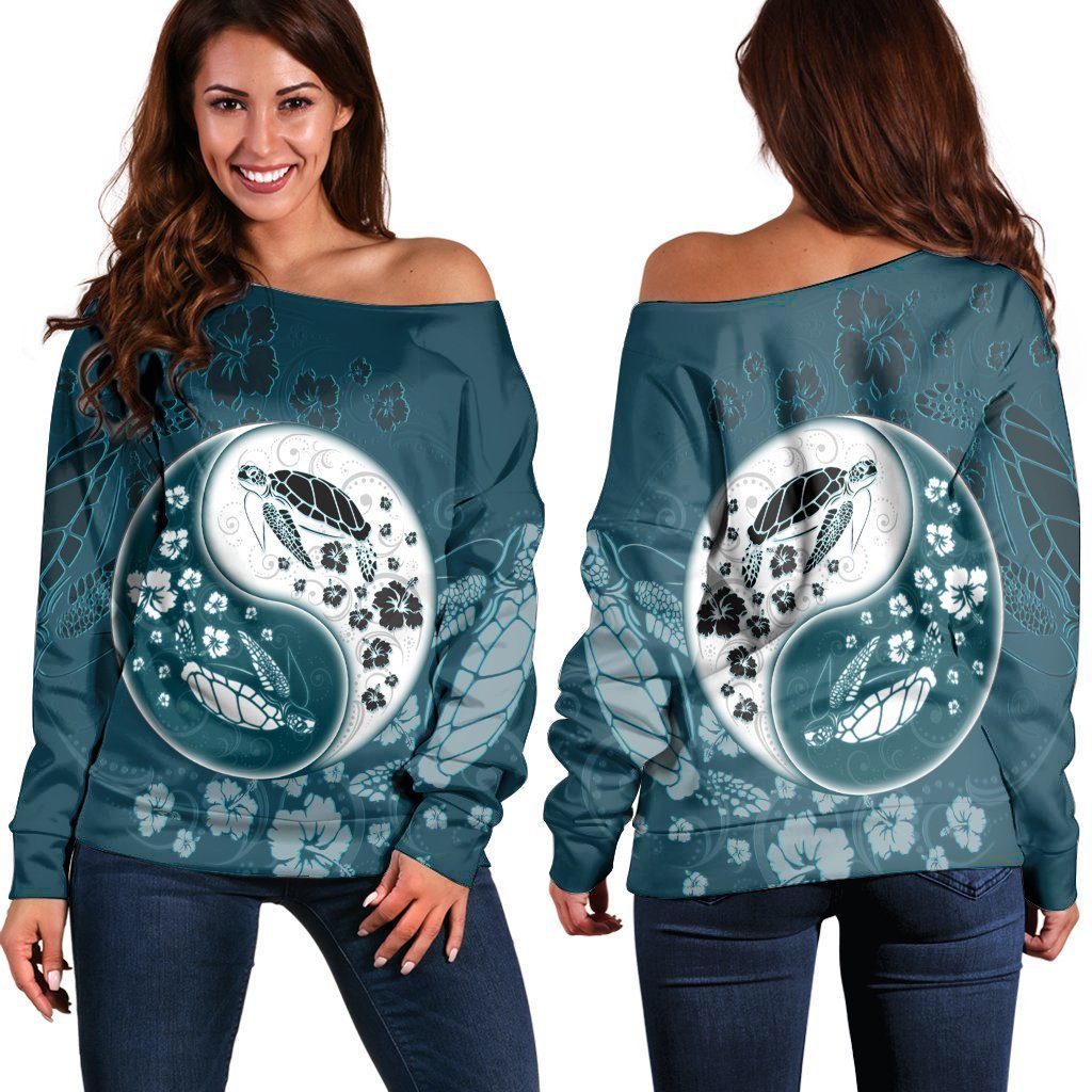 Hawaiian Hibiscus Turtle Polynesian Women's Off Shoulder Sweater YinYang Style - AH Black - Polynesian Pride