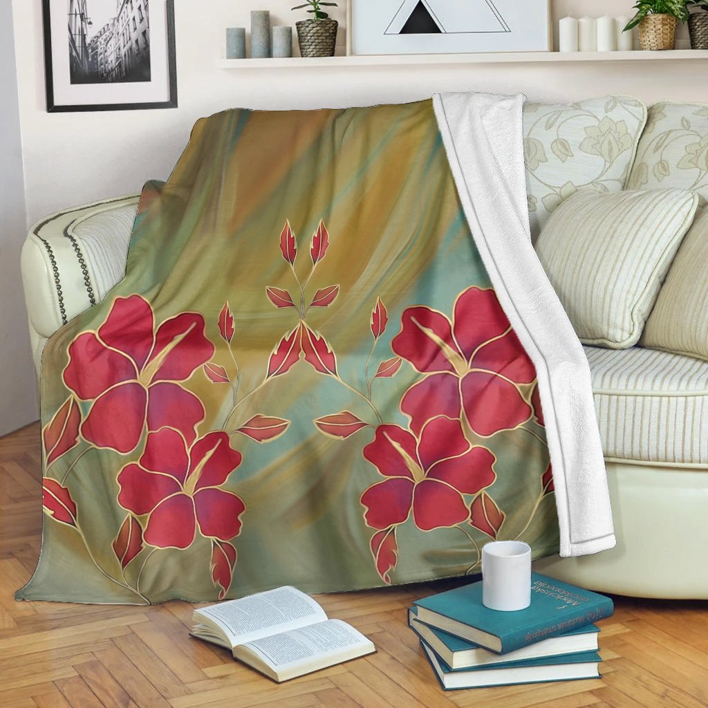 Hawaiian Hibiscus Water Color Premium Blankets - AH White - Polynesian Pride