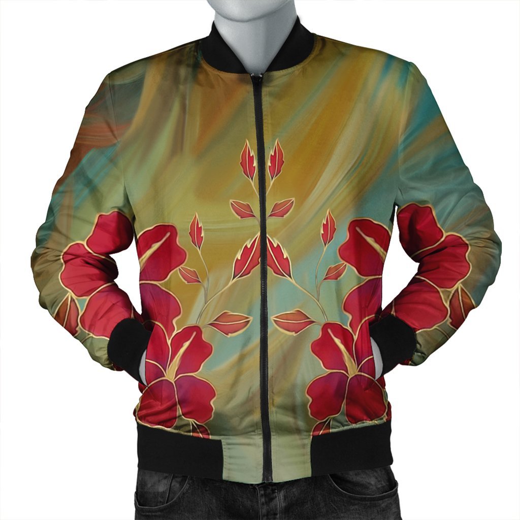 Hawaiian Hibiscus Water Color Bomber Jacket - AH Black Unisex - Polynesian Pride