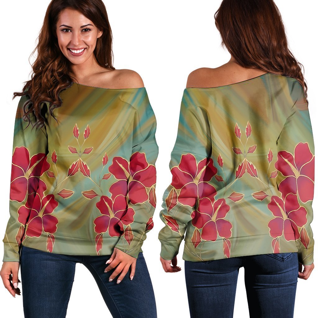 Hawaiian Hibiscus Water Color Women's Off Shoulder Sweater - AH Black - Polynesian Pride