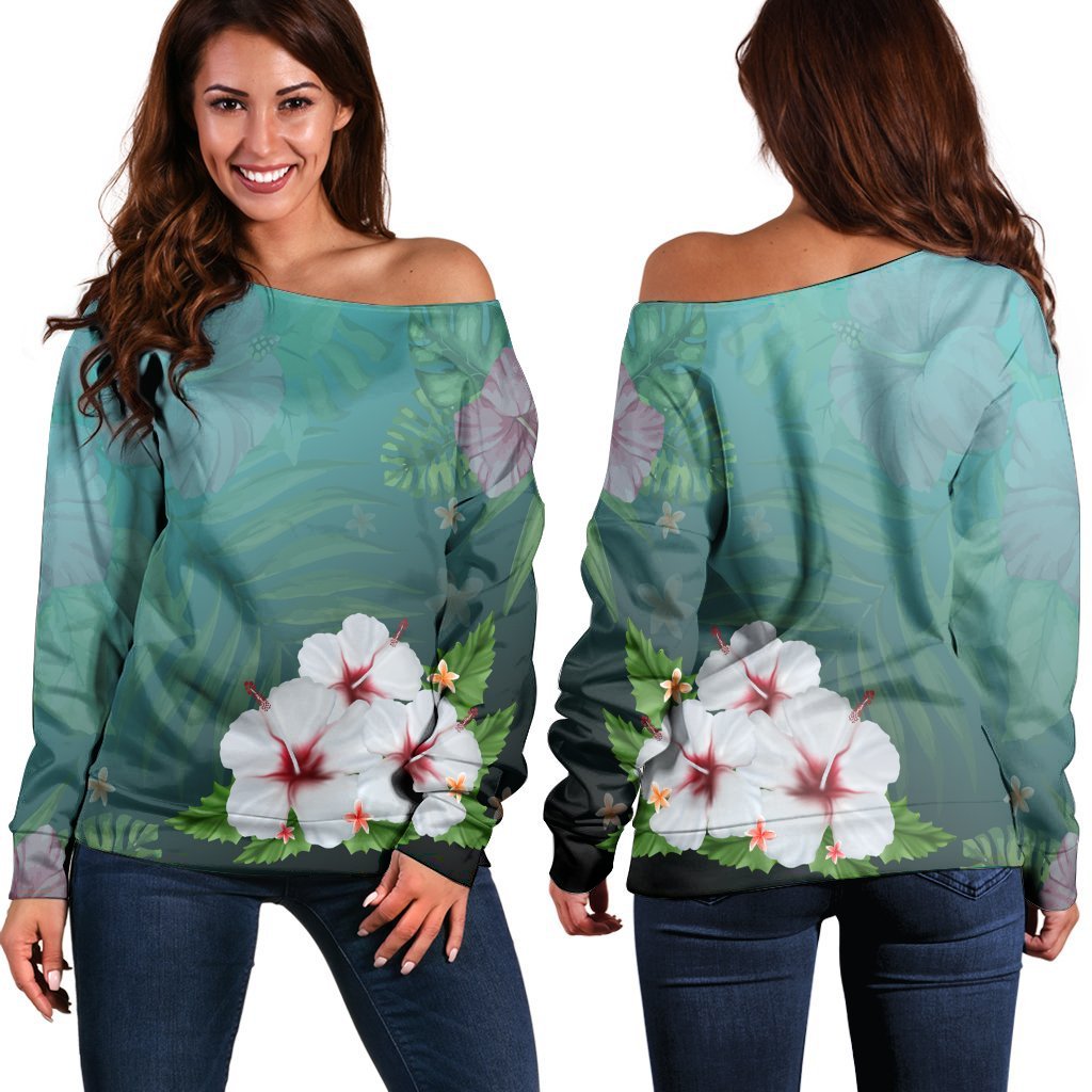 Hawaiian Hibiscus White Flower Gleeful Women's Off Shoulder Sweater - AH Black - Polynesian Pride