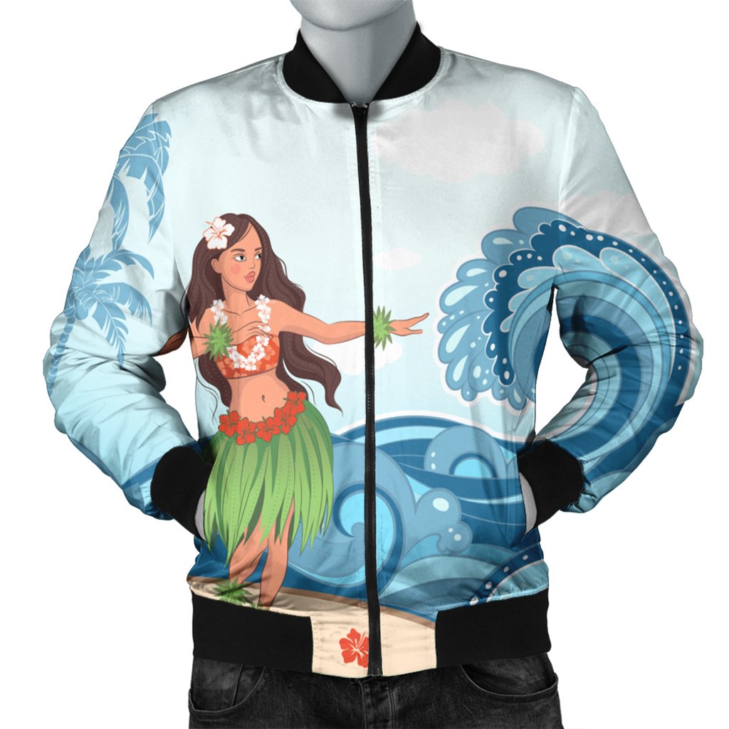 Hawaiian Hula Dance Cartoon Hibiscus Wave Bomber Jacket - AH Black Unisex - Polynesian Pride