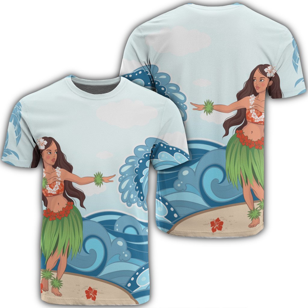 Hawaiian Hula Dance Cartoon Hibiscus Wave T Shirt Unisex Black - Polynesian Pride