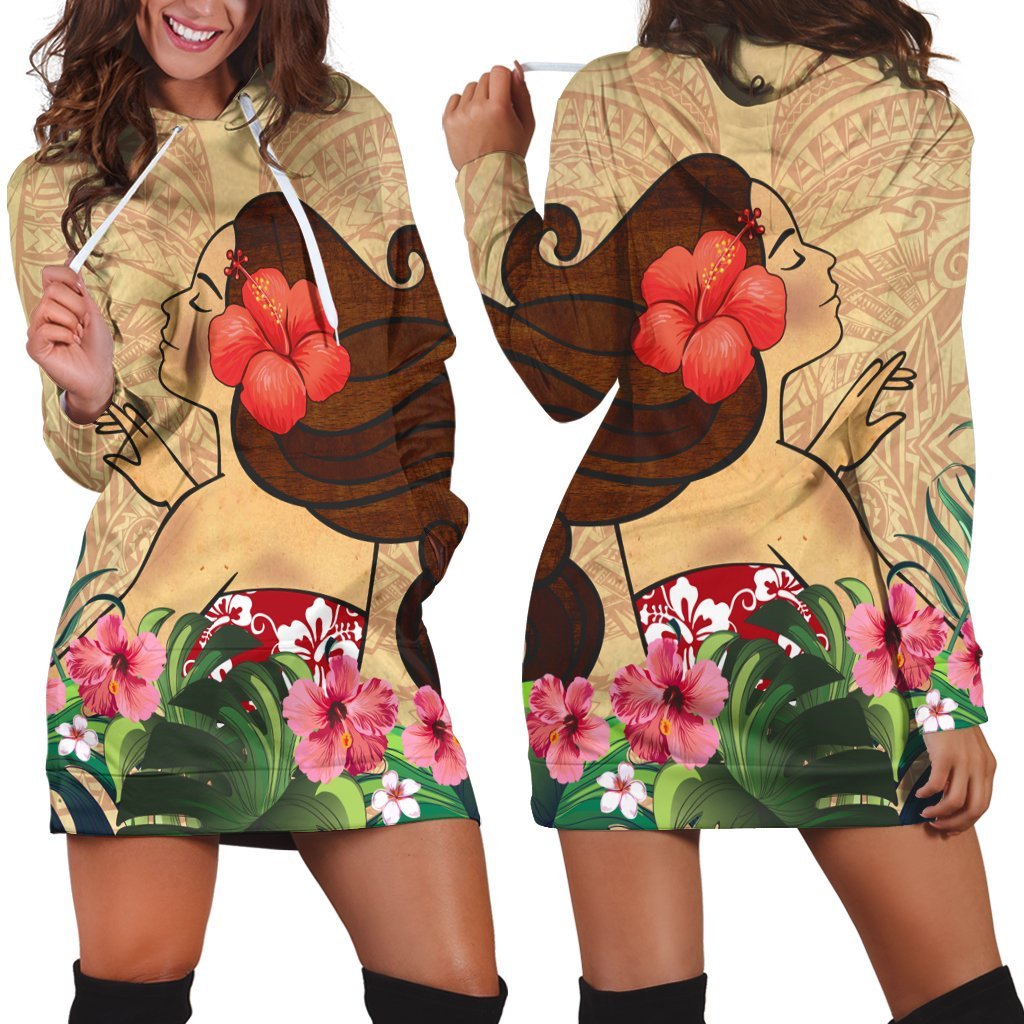 Hawaiian Hula Girl And Hibiscus Polynesian Hoodie Dress - AH Black - Polynesian Pride