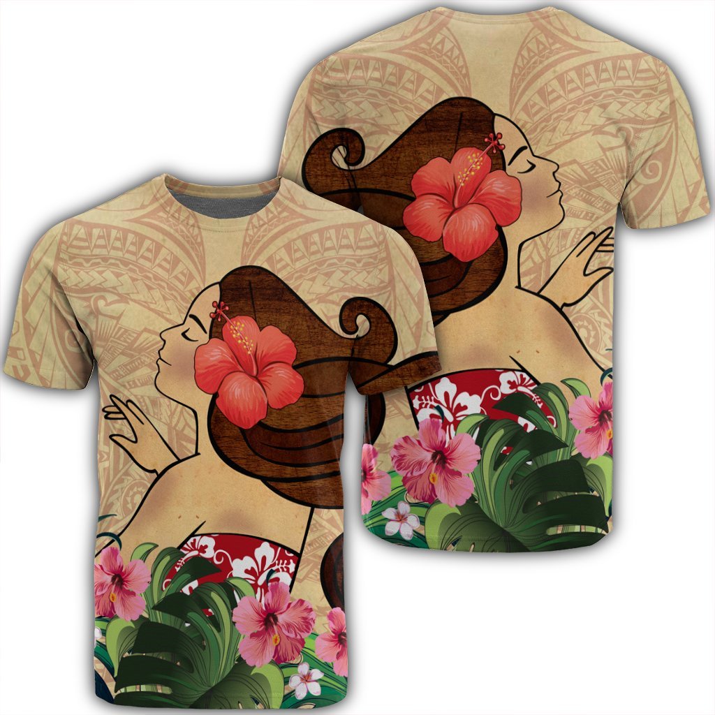 Hawaiian Hula Girl and Hibiscus Polynesian T Shirt Unisex Black - Polynesian Pride