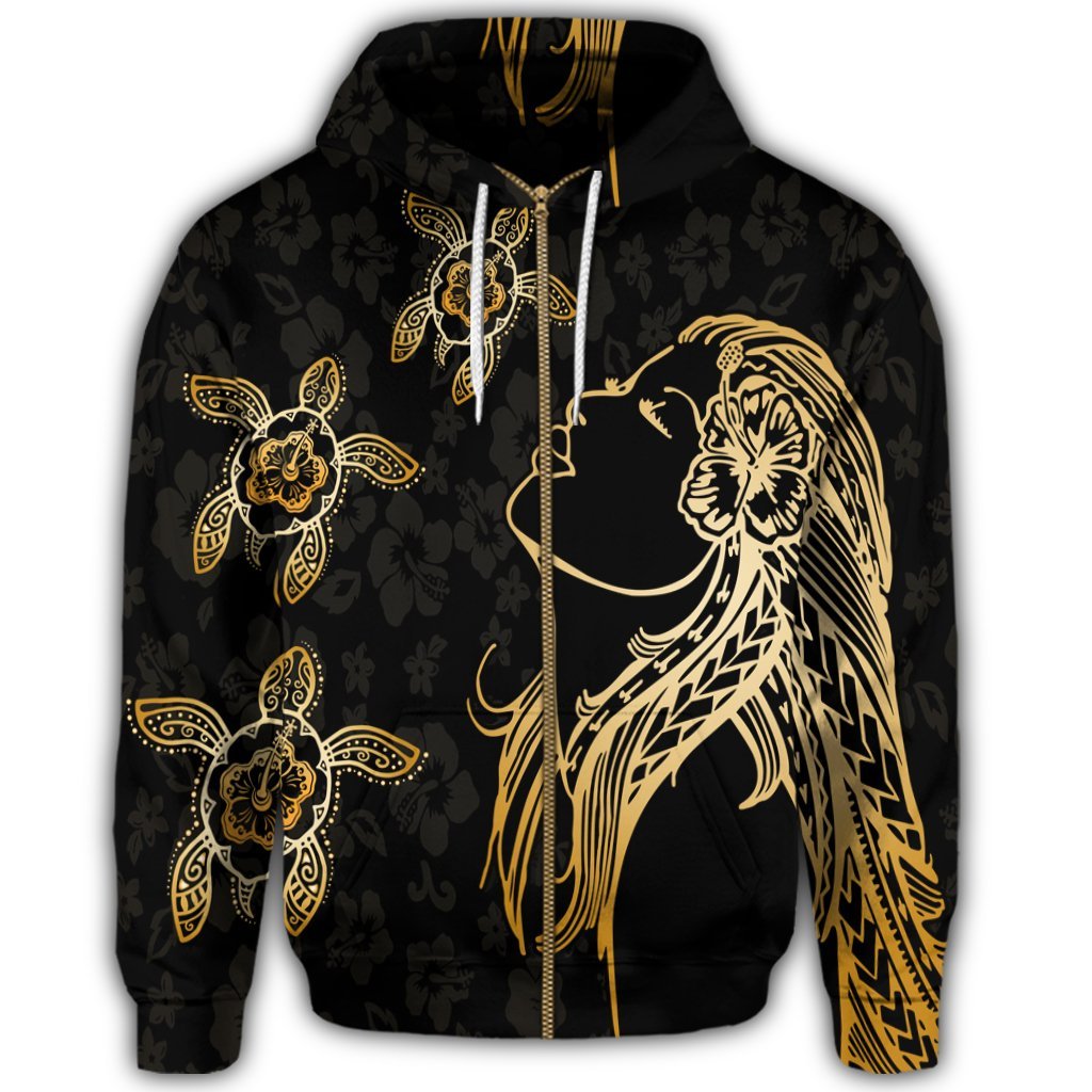 Hawaiian Hula Girl and Turtle Hibiscus Zip Hoodie - Polynesian Pride