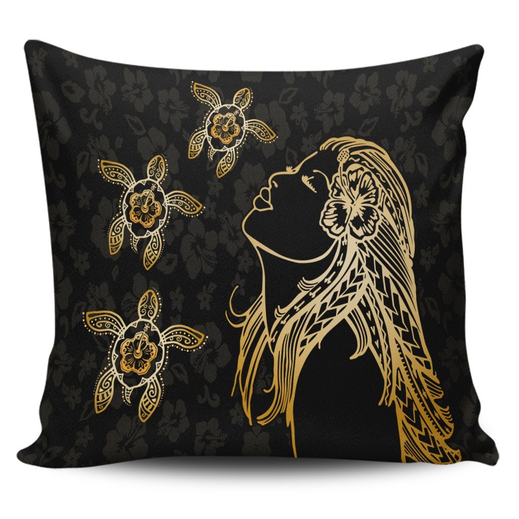 Hawaiian Hula Girl And Turtle Hibiscus Pillow Covers - AH Pillow Covers Black - Polynesian Pride