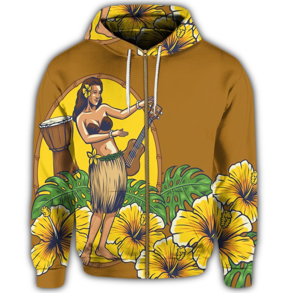 Hawaiian Hula Girl Monstera Hibiscus Polynesian Zip Hoodie - Polynesian Pride