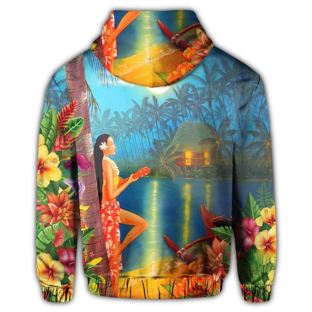 Hawaiian Hula Girl Sing In Aboriginal Village Aat Night Zip Hoodie - Polynesian Pride
