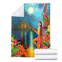 Hawaiian Hula Girl Sing In Aboriginal Village Aat Night Premium Blankets - AH - Polynesian Pride