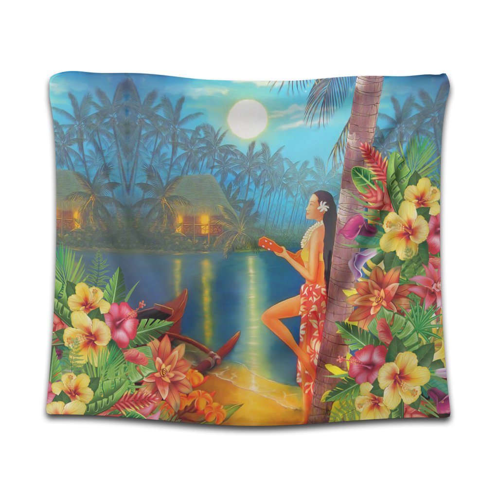 Hawaiian Hula Girl Sing In Aboriginal Village Aat Night Tapestry - AH Wall Tapestry Black - Polynesian Pride