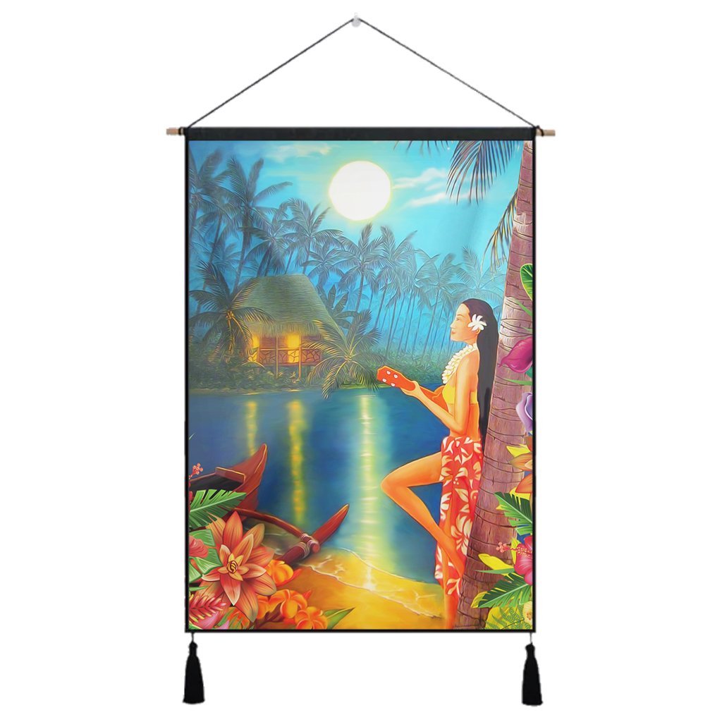 Hawaiian Hula Girl Sing In Aboriginal Village Aat Night Hanging Poster - AH Hanging Poster Cotton And Linen - Polynesian Pride