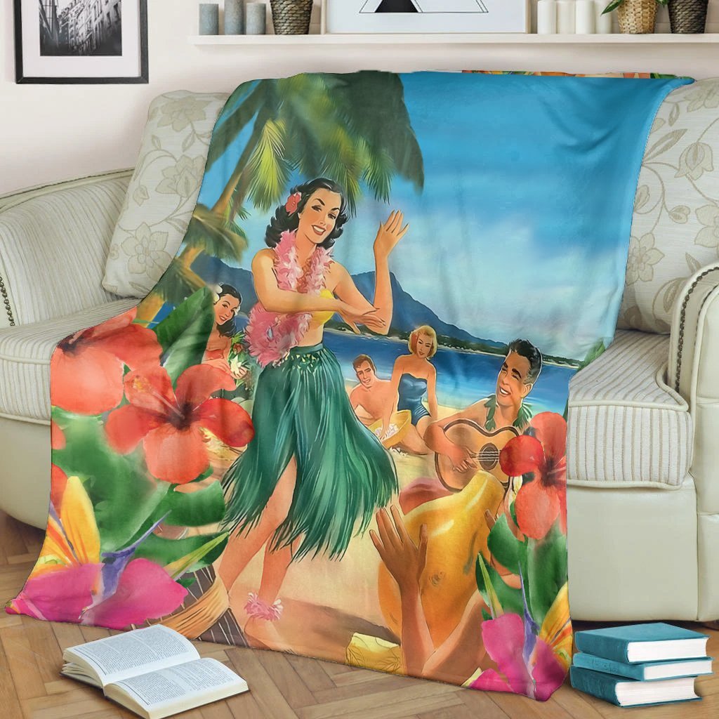 Hawaiian Hula Sing Dance On Beach Premium Blankets - AH - Polynesian Pride