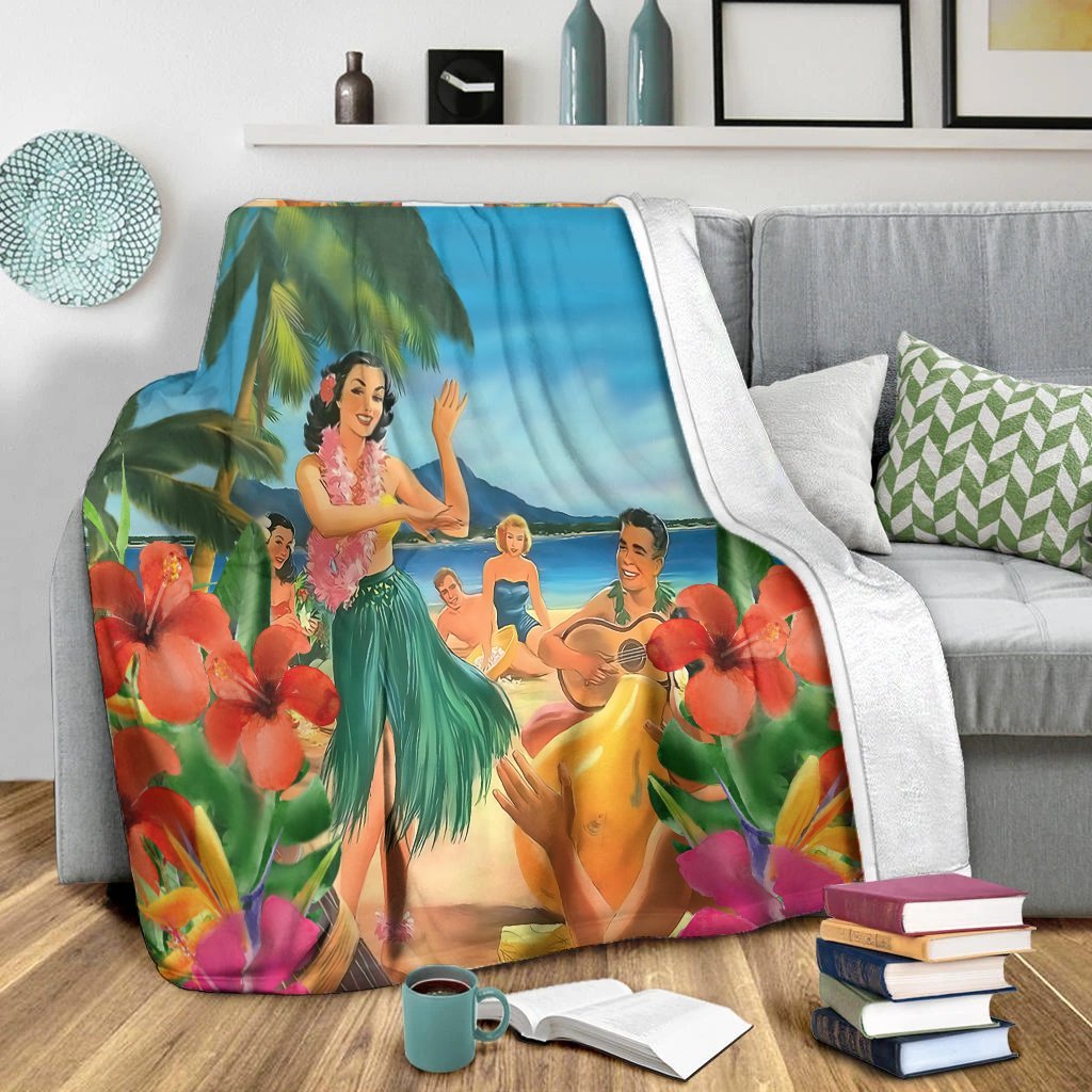 Hawaiian Hula Sing Dance On Beach Premium Blankets - AH - Polynesian Pride