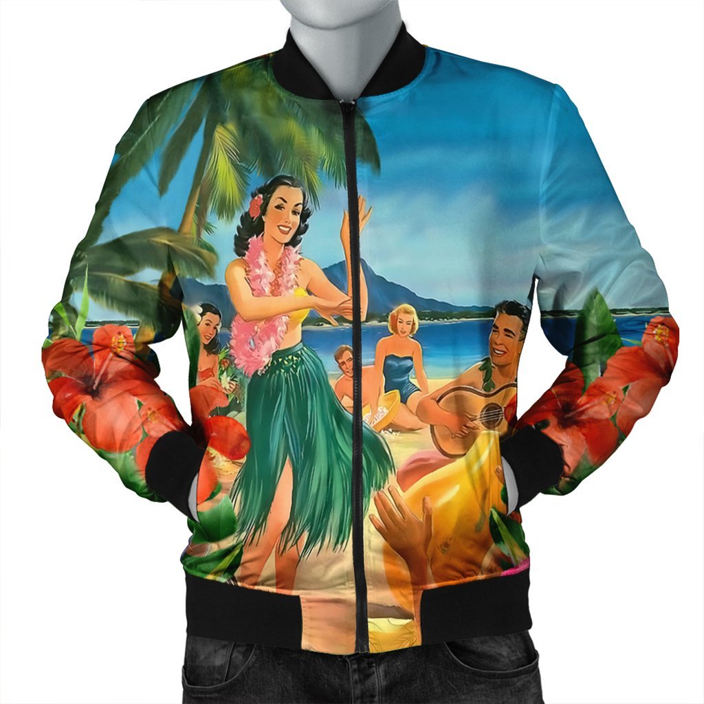 Hawaiian Hula Sing Dance On Beach Bomber Jacket - AH Black Unisex - Polynesian Pride