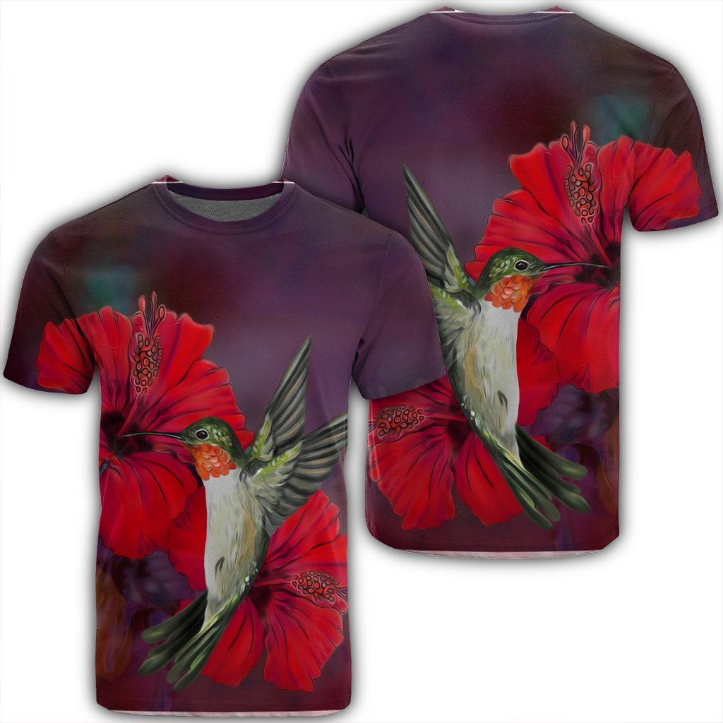 Hawaiian Hummingbird and Hibiscus Polynesian T Shirt Unisex Black - Polynesian Pride