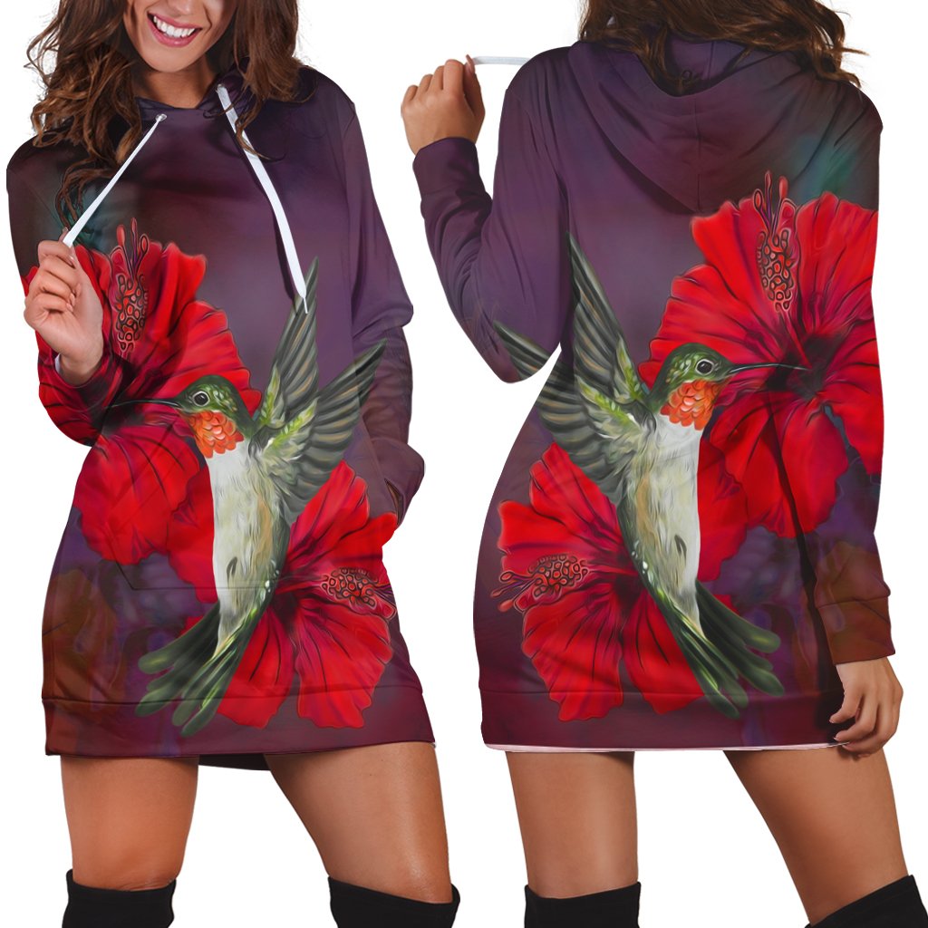 Hawaiian Hummingbird And Hibiscus Polynesian Hoodie Dress - AH Black - Polynesian Pride