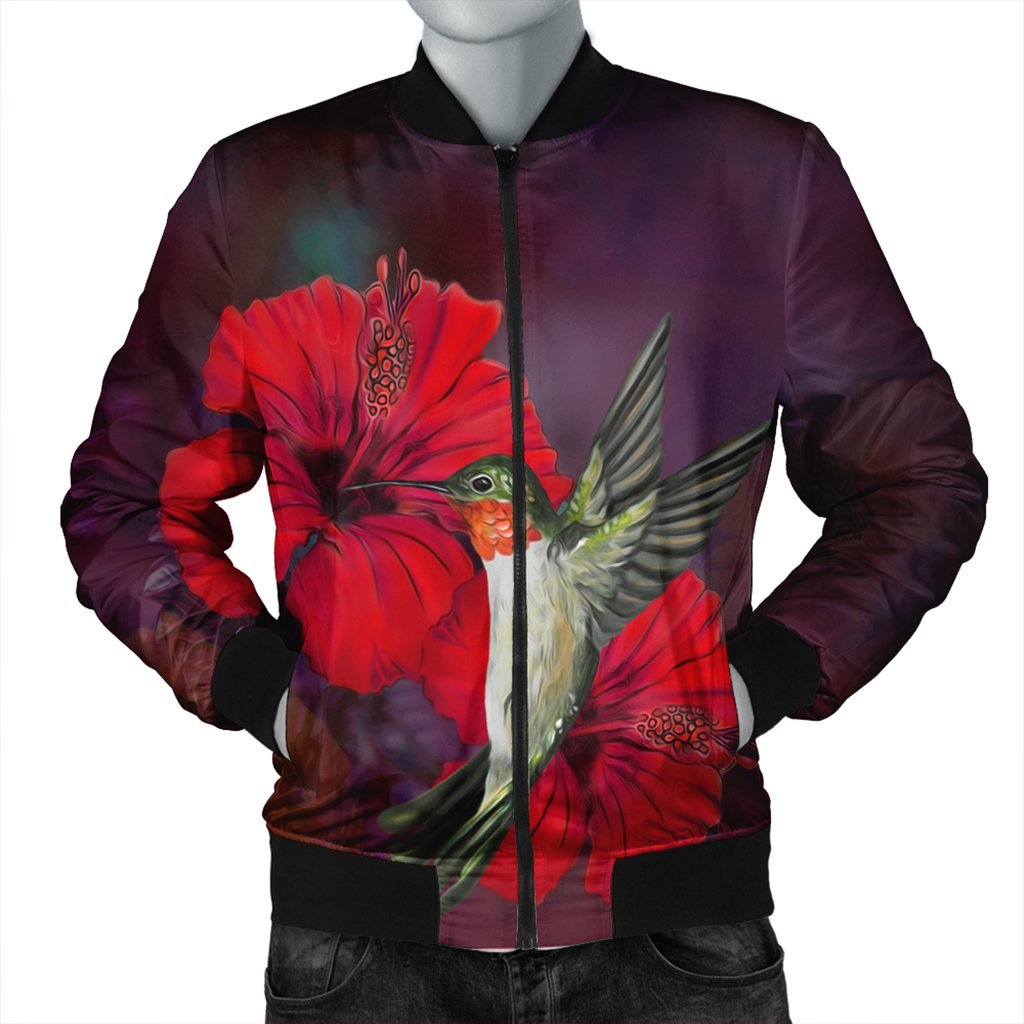 Hawaiian Hummingbird And Hibiscus Polynesian Bomber Jacket - AH Black Unisex - Polynesian Pride