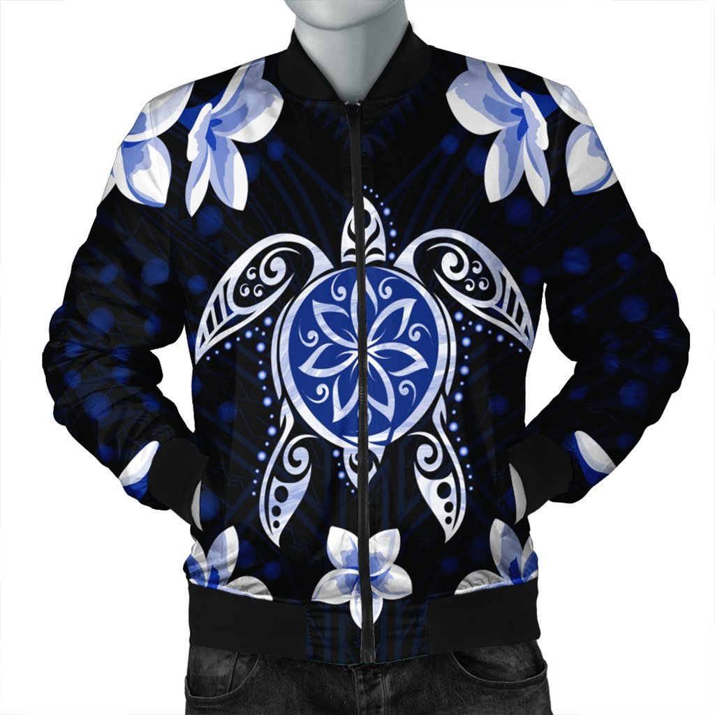 Hawaiian Icon Blue Turtle Plumeria Bomber Jacket AH Black Unisex - Polynesian Pride