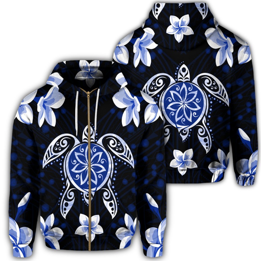 Hawaiian Icon Blue Turtle Plumeria Zip Hoodie Unisex Art - Polynesian Pride