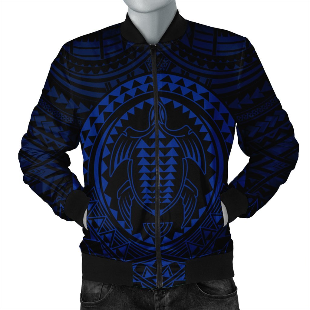 Hawaiian Kakau Honu Arc Polynesian Blue Bomber Jacket - AH Black Unisex - Polynesian Pride