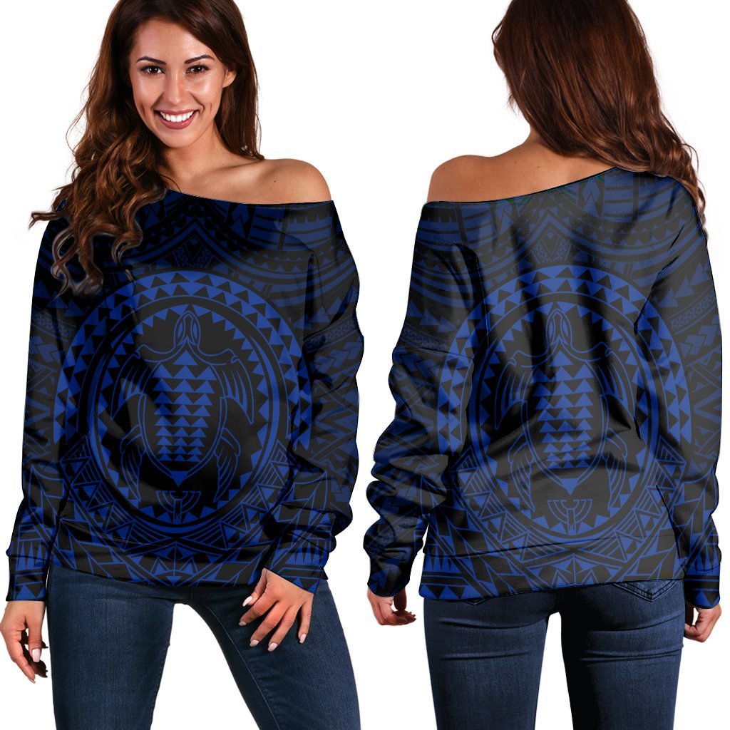 Hawaiian Kakau Honu Arc Polynesian Blue Women's Off Shoulder Sweater - AH Black - Polynesian Pride