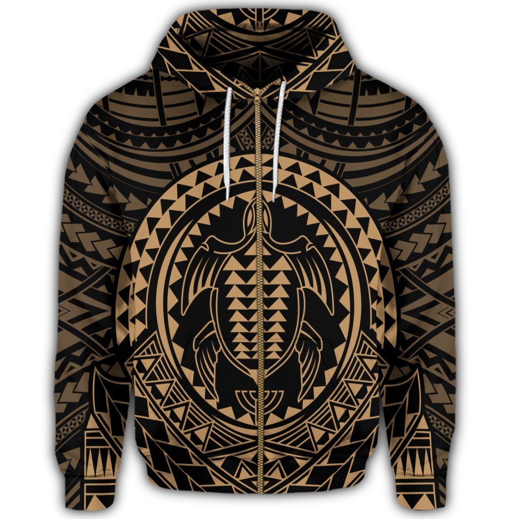 Hawaiian Kakau Honu Arc Polynesian Gold Zip Hoodie - Polynesian Pride
