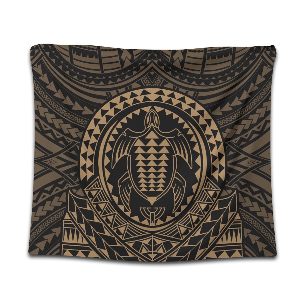 Hawaiian Kakau Honu Arc Polynesian Gold Tapestry - AH Wall Tapestry Black - Polynesian Pride