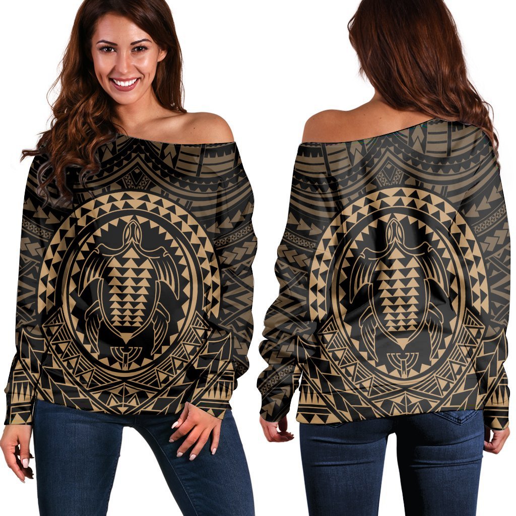 Hawaiian Kakau Honu Arc Polynesian Gold Women's Off Shoulder Sweater - AH Black - Polynesian Pride