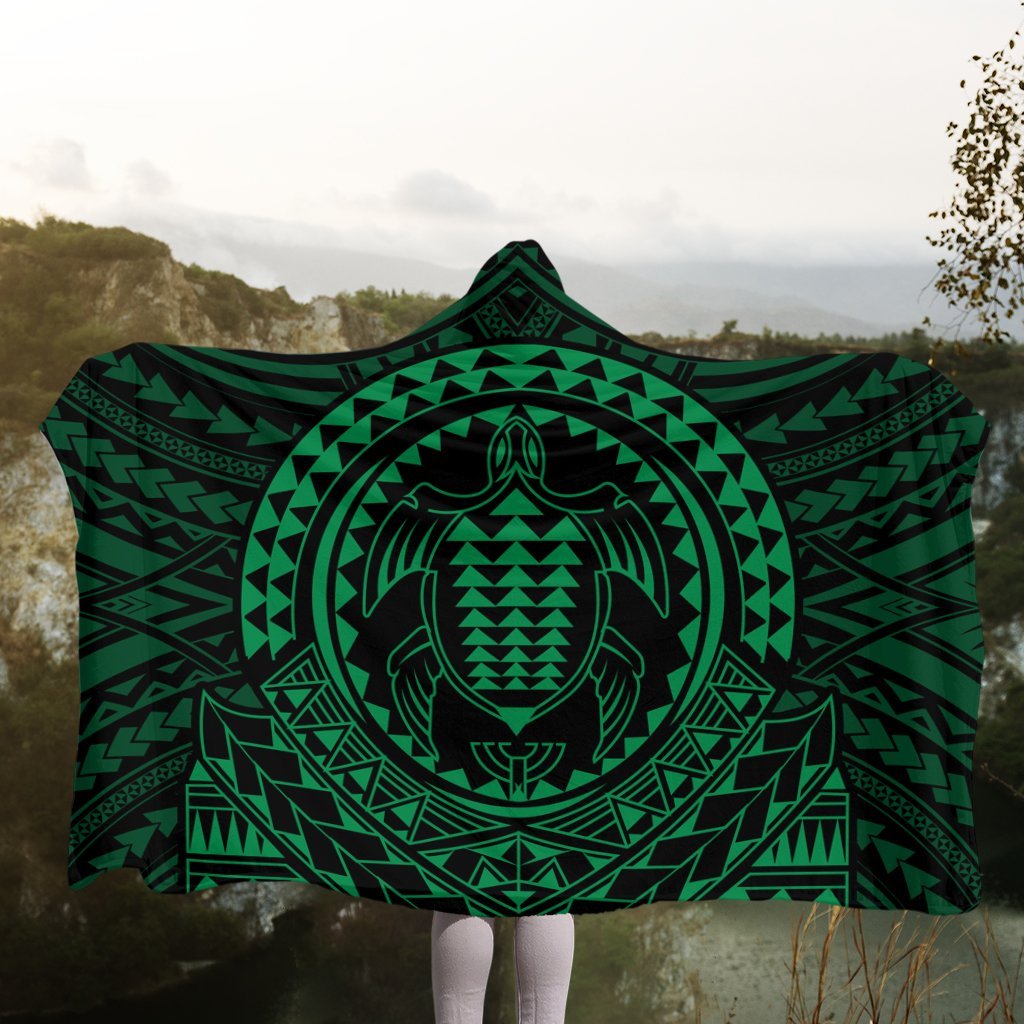 Hawaiian Kakau Honu Arc Polynesian Green Hooded Blanket - AH - Polynesian Pride