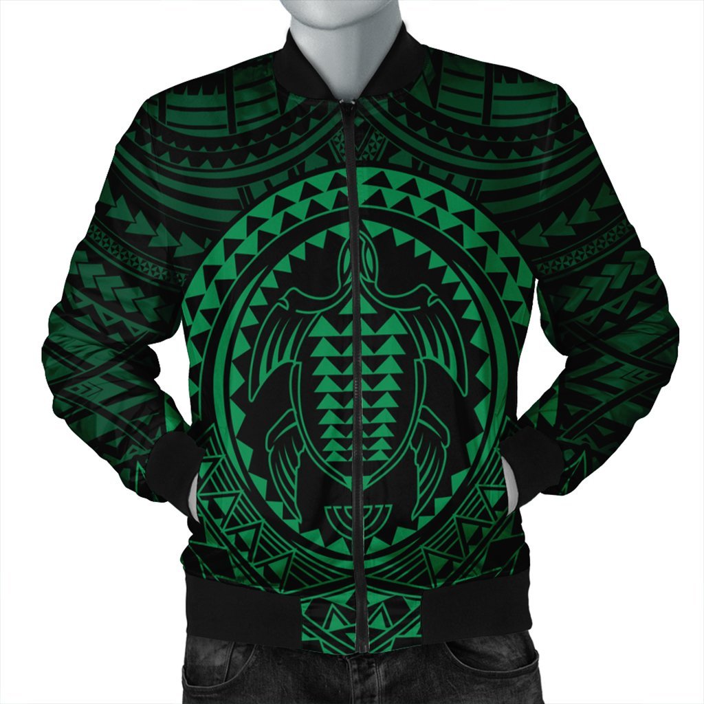 Hawaiian Kakau Honu Arc Polynesian Green Bomber Jacket - AH Black Unisex - Polynesian Pride