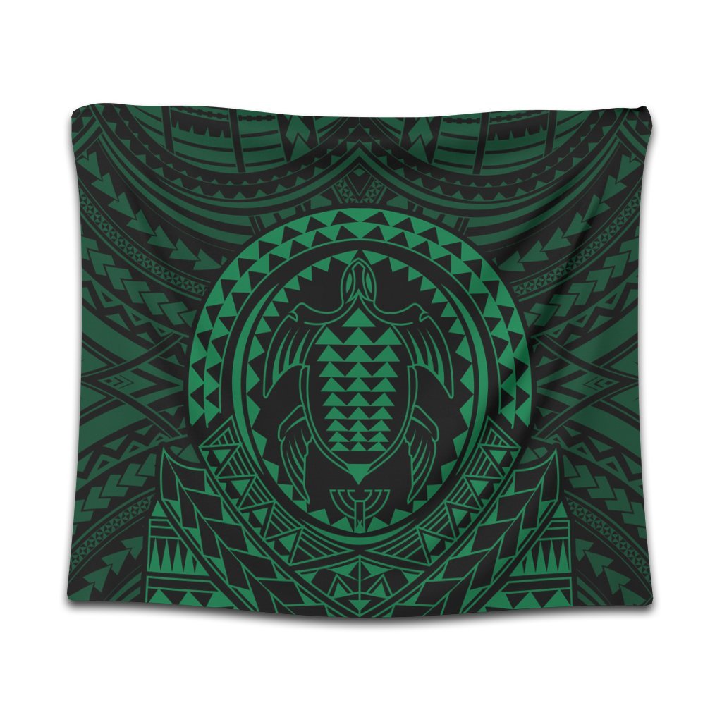 Hawaiian Kakau Honu Arc Polynesian Green Tapestry - AH Wall Tapestry Black - Polynesian Pride