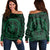 Hawaiian Kakau Honu Arc Polynesian Green Women's Off Shoulder Sweater - AH Black - Polynesian Pride