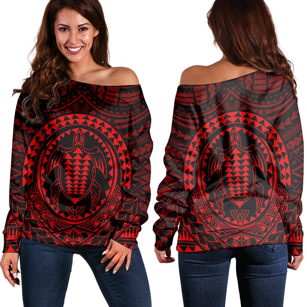 Hawaiian Kakau Honu Arc Polynesian Red Women's Off Shoulder Sweater - AH Black - Polynesian Pride