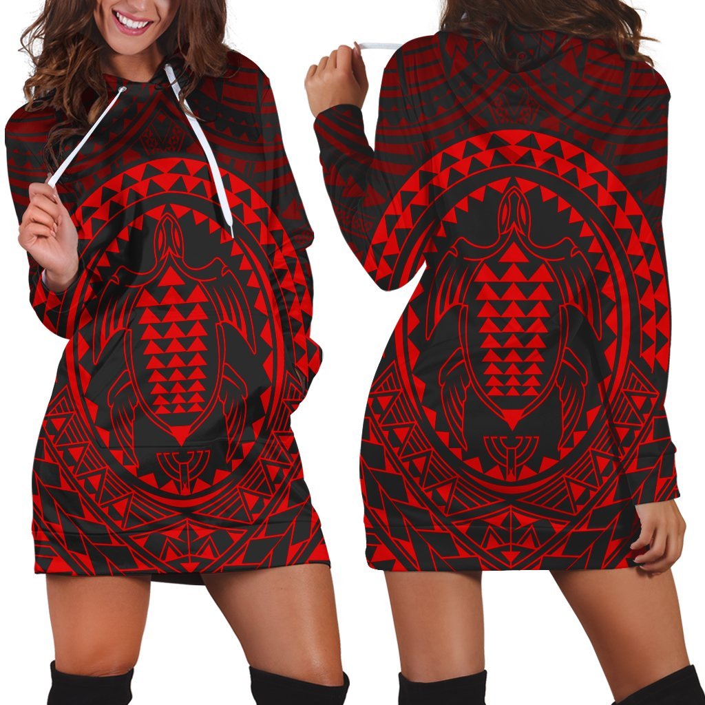 Hawaiian Kakau Honu Arc Polynesian Red Hoodie Dress - AH Black - Polynesian Pride