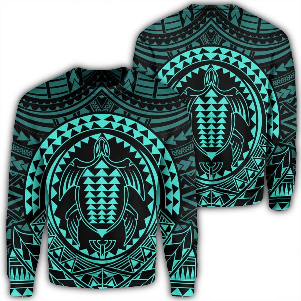 Hawaiian Kakau Honu Arc Polynesian Turquoise Sweatshirt - AH Unisex Black - Polynesian Pride
