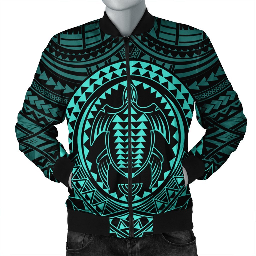 Hawaiian Kakau Honu Arc Polynesian Turquoise Bomber Jacket - AH Black Unisex - Polynesian Pride