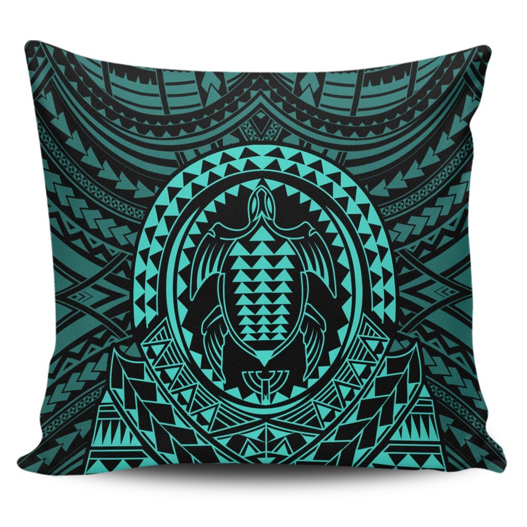 Hawaiian Kakau Honu Arc Polynesian Turquoise Pillow Covers - AH Pillow Covers Black - Polynesian Pride