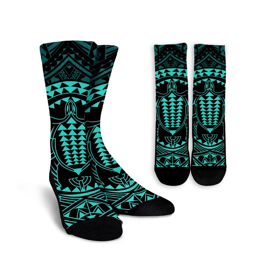 Hawaiian Kakau Honu Arc Polynesian Turquoise Crew Socks - AH Crew Socks White - Polynesian Pride