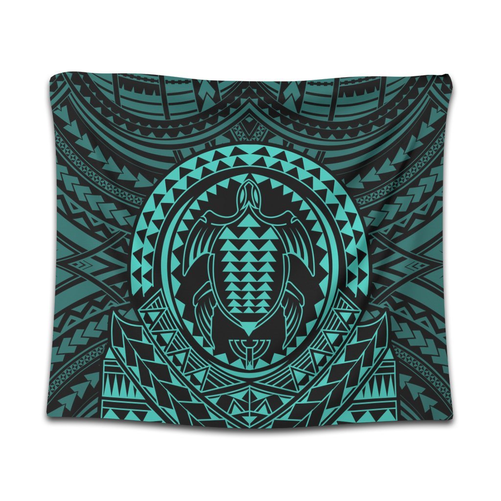 Hawaiian Kakau Honu Arc Polynesian Turquoise Tapestry - AH Wall Tapestry Black - Polynesian Pride